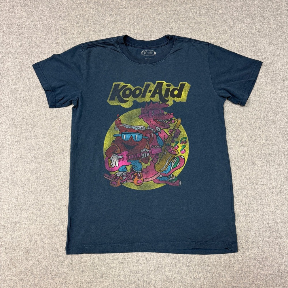 Kraft Kool-Aid T-Shirt Size Small Navy Blue Graphic Retro Dinosaur Saxophone Tee